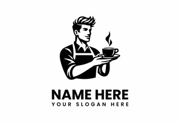 Stylish Barista Holding Coffee Cup with Steam Logo Design Concept.