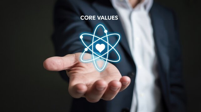 Embracing Core Values: A hand holding an atomic structure icon with a heart, symbolizing foundational principles and organizational ethics.