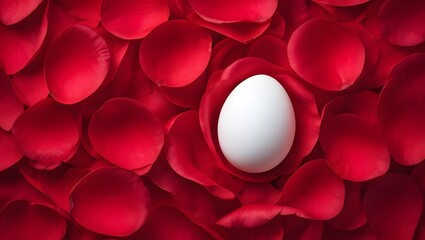 A single white egg nestled among a vibrant bed of red rose petals in a close up view