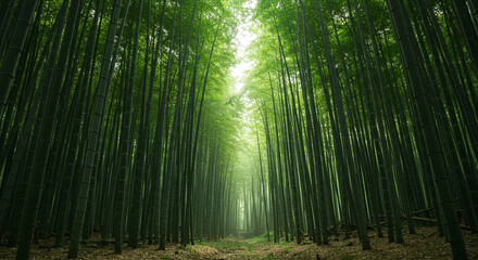 Obraz premium A towering bamboo forest creates a tunnel of green, with sunlight filtering through the canopy, illuminating the path ahead.