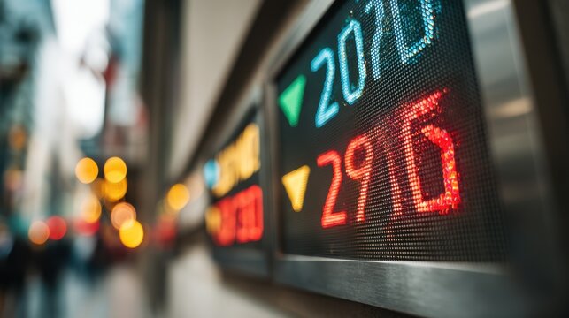 Stock market trends financial district digital display urban setting close-up economic insights