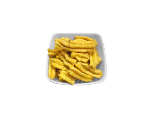 besan sev indian street food on white Bowl.