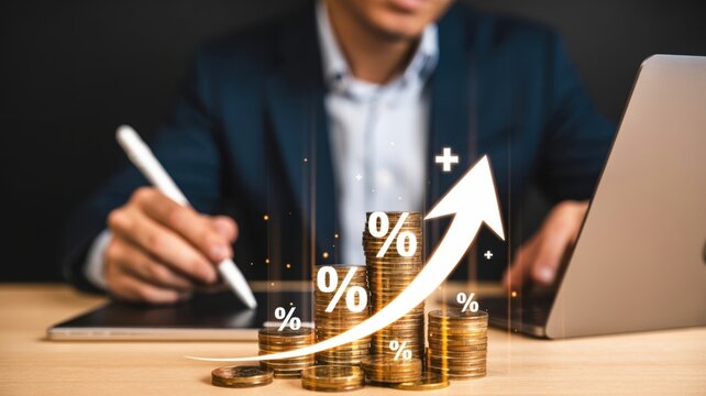 Driving Strong Financial Growth: A person interacting with a laptop and a rising stack of coins with percentage symbols, illustrating successful investment returns and capital appreciation