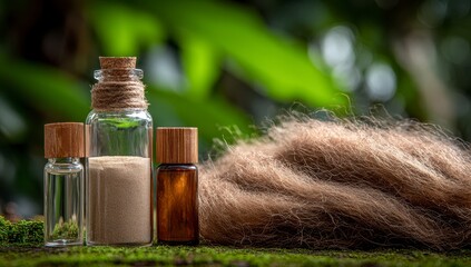 Fototapeta premium Natural remedies in small bottles, nestled on moss, beside a tuft of fiber