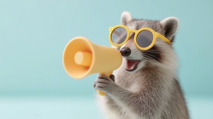 A raccoon wearing glittery yellow sunglasses and holds megafon, charisma and mischief. Online discount shop, shopoholism, best deals on black friday