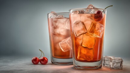 Refreshing cocktail with ice and cherries indoor bar setting beverage photography modern aesthetic close-up view vibrant colors