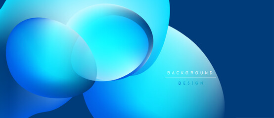 Abstract blue shapes overlap, creating dynamic fluid design. Gradient colors suggest depth, modern aesthetic. Background includes text elements.