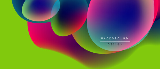 Vibrant abstract shapes overlap bright green backdrop. Fluid forms create dynamic visual experience. Modern design elements present.