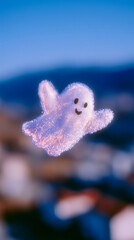 A whimsical, glittery ghost floats mid-air, with a friendly smile and outstretched arms. The background features soft blue hues and blurred shapes, enhancing its playful charm.