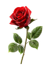 Fototapeta premium Stunning single red rose with vibrant green leaves showcases natural beauty and timeless elegance, perfect for romantic gestures and sophisticated designs.