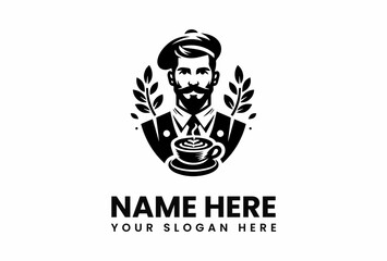 Stylized barista logo with beret suit coffee cup and laurel branches.