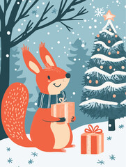 A flat winter poster with a squirrel in scarf holding a gift near a decorated tree, perfect for nursery wall art and cozy seasonal decor