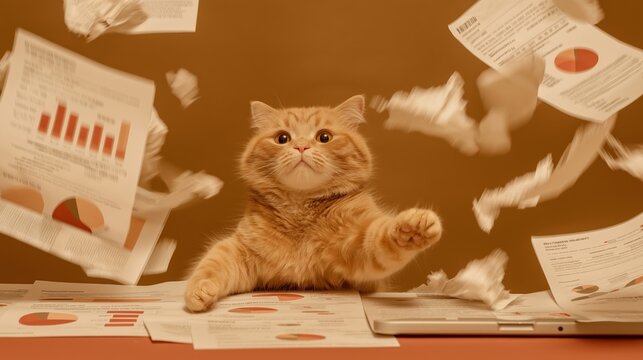 Chubby ginger cat looking up playfully as paper leaves fly through the air. The warm orange monochromatic scene adds character and humor, ideal for seasonal pet content, whimsical greeting cards