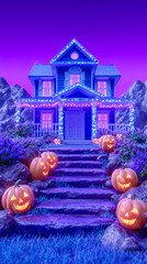 A charming blue house adorned with purple lights and glowing pumpkins lining the stone pathway. The vibrant sky transitions from purple to deep blue, enhancing the festive atmosphere.