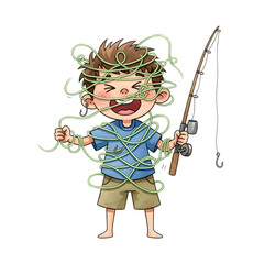 Obraz premium A mischievous young boy, entangled in fishing line, laughs heartily while holding his rod. His joyful expression contrasts with the chaotic mess. A fun, playful illustration.