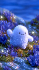A small, fluffy white creature with a smiling face stands on a rocky surface adorned with vibrant purple plants, sparkling with tiny lights in the background.