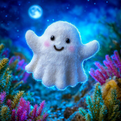 A cute, fluffy ghost floats among colorful coral reefs, illuminated by a soft moonlight. The ghost has a smiling face, adding charm to the underwater scene.