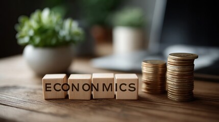 Economics blocks  gold coin stacks on desk: finance, investment, education.