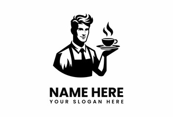 Stylized barista with pompadour serving steaming coffee cup on saucer.