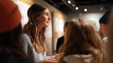 Young guide engages audience with informative talk in museum gallery during evening event