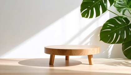 Empty round wooden pedestal for product presentation on a sunlit background with a tropical monstera plant and natural shadows.