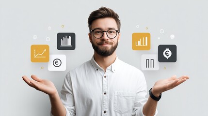 Smiling man presenting financial growth, business analytics, and money concepts