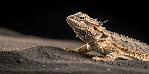 Fototapeta premium Macro studio photo of a horned lizard sprawled on dark sand, every scale, horn, and eye detail visible in crisp sharpness, soft backlight tracing the outline of its body, black background.
