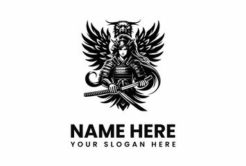 Stylized Samurai Woman with Eagle Headdress Holding Crossed Katanas in Black and White.