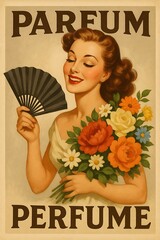 Vintage advertisement showcasing a woman with flowers promoting a fragrance