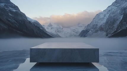 Gray stone platform in a winter mountain landscape