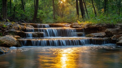 Fototapeta premium Golden waterfall cascading down stone steps in a lush forest