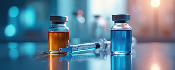 Medical vials with orange and blue liquid sit with a syringe. Realistic still life composition with shallow depth of field, suggesting healthcare, research, and vaccination efforts.