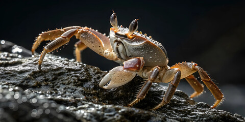 Fototapeta premium Full-body image of a small crab standing on a wet rock, claws raised, tiny water droplets on shell highlighted with rim light, crisp macro texture of shell and eyes.