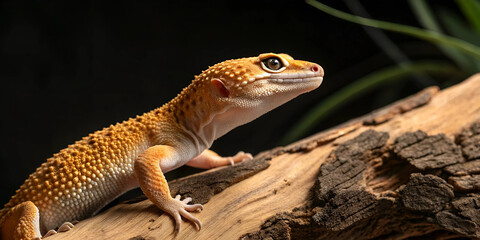 Fototapeta premium Full-body close-up of a leopard gecko resting on a piece of driftwood, its bumpy skin and glassy eyes rendered with intense clarity, dramatic lighting from one side creating contrast.