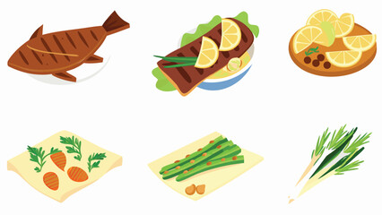 Naklejka premium Illustration showing grilled fish with lemon slices, asparagus, carrots, and green onions on plates and boards