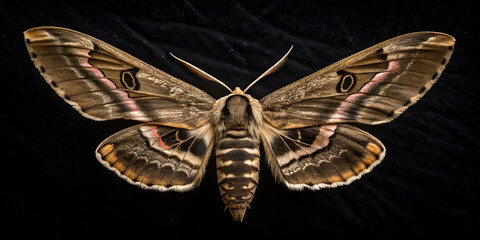  Extreme close-up of a moth with wings fully spread, revealing intricate patterns and textures, body and antennae in sharp focus, studio-lit with low-angle illumination for shadow depth.