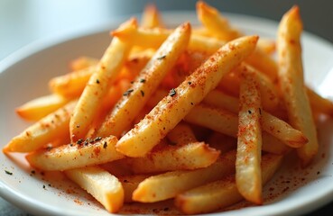 Crispy golden french fries seasoned with paprika, chili, pepper generously sprinkled on white plate. Savory potato wedges delicious, crunchy, hot snack perfect for lunch, dinner, as side dish at