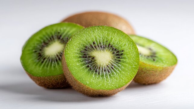 fresh kiwis, flat white background, ideal for food brochures, advertising campaigns and healthy eating visuals, 16:9