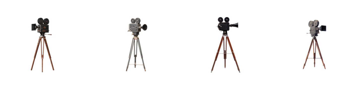 Four vintage film cameras on tripods isolated antique camera old camera transparent background