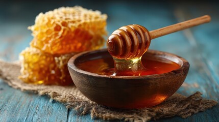 bowl organic honey on blue rustic table, with honeycomb