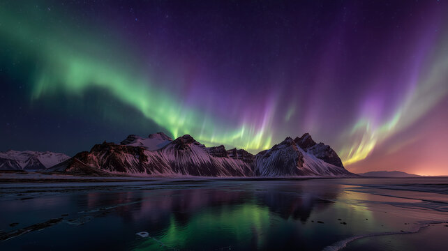 Zorza polarna rozświetlająca nocne niebo nad g&oacute;rskim krajobrazem. Magiczna gra świateł natury wśr&oacute;d majestatycznych szczyt&oacute;w i zimowej scenerii.

