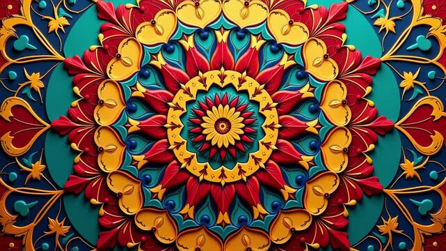 Intricate wooden mandala wall art features colorful radial patterns for decorative home interiors and cultural exhibition displays.