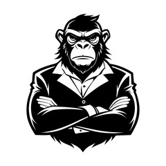 Powerful silhouette of boss ape with crossed arms, confident leader vector design symbolizing strength, authority, and leadership.