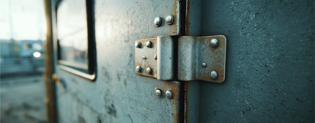 Industrial Detail: A close-up view of a weathered metal door with a heavy hinge. showcasing the textures and patterns found in an industrial setting. The door is detailed.