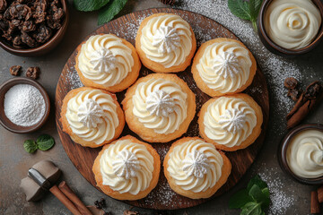Fototapeta premium Plate of cupcakes with whipped cream frosting.