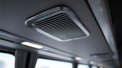 Interior Detail: A close-up view inside a modern bus, emphasizing the sleek design of the air conditioning vent, which is seamlessly integrated into the ceiling, along with the soft, ambient lighting.