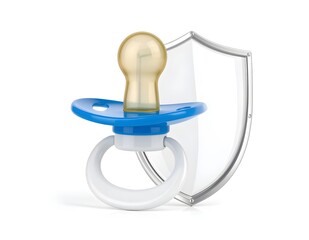Concept of child protection and newborn safety with a baby pacifier and a transparent guard shield isolated on a white background.