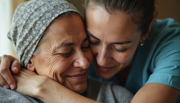 Healthcare pro comforts elderly patient in palliative care. Nurse shows compassion, empathy, tenderness. Deep emotional connection between caregiver, person receiving support, ensuring dignity,