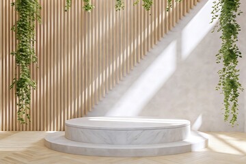 Empty modern marble podium with cascading green plants and dramatic sunlight on a bamboo backdrop