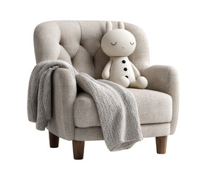 Plush bunny doll tufted armchair cozy blanket soft fabric neutral color wooden legs cute decor living room relaxation peaceful vibe
